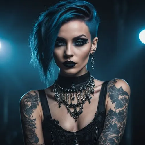 monami,tattoo girl,gothic woman,goth woman,ashlee,gothic style,karou,jinx,dark gothic mood,jeffree,punk,zahra,blue hair,tattooist,goth,gothic portrait,klayton,zhawn,gothic,goth like,Photography,General,Realistic