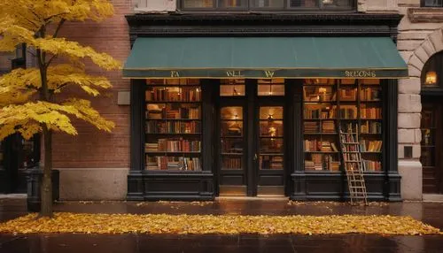 Chicago-style architecture, vintage bookstore, grand entrance, stone walls, large windows, wooden shelves, ladder, leather-bound books, warm lighting, cozy atmosphere, rainy day, street view, pedestri