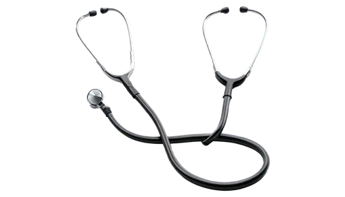 Stethoscope, heartbeat sound wave, medical equipment, silver metal, rounded shape, black grip, detailed texture, shiny surface, soft lighting, close-up shot, 3/4 composition, warm color tone, realisti