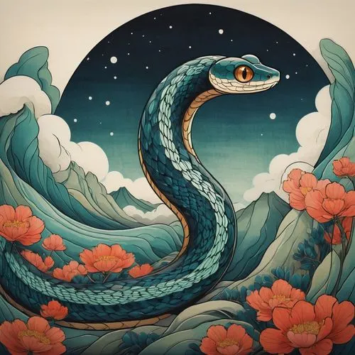 blue snake,ouroboros,serpiente,serpent,haku,simorgh,Illustration,Japanese style,Japanese Style 15