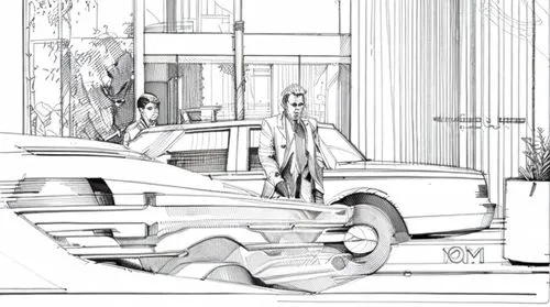 illustration of a car,muscle car cartoon,street scene,ford prefect,a pedestrian,e-car in a vintage look,cadillac de ville series,mono-line line art,city car,lincoln continental,drive,pedestrian,retro automobile,car drawing,buick century,retro car,white car,old car,buick electra,parked car