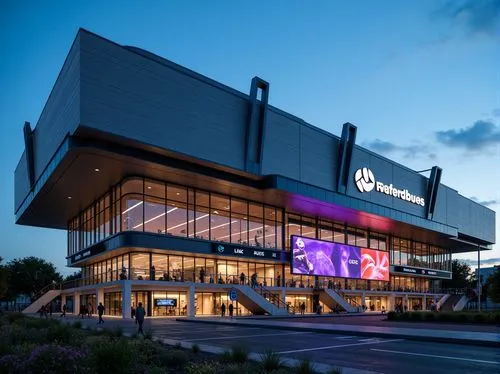 Modern stadium exterior, steel cladding, curved lines, dynamic shapes, cantilevered roofs, angular supports, sleek metal beams, vibrant LED lighting, evening atmosphere, misty ambient occlusion, 1/2 c