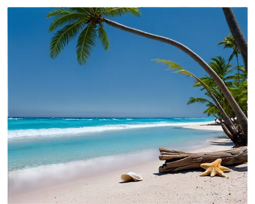 Tropical whitesand beach, solo scenery, sunny day, clear blue sky, gentle waves, soft sand, palm trees swaying, seashells scattered, driftwood, calm atmosphere, warm lighting, 3/4 composition, shallow