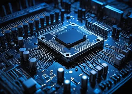 Microprocessor, Sparc architecture, 3D circuit board, futuristic, metallic material, intricate details, CPU components, transistors, diodes, capacitors, wires, motherboard, sleek design, high-tech lab