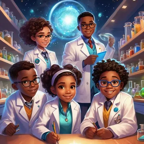 natural scientists,chemists,bioscientists,scientists,pharmacologists,science education,sci fiction illustration,biochemists,astrobiologists,librarians,kids illustration,aeolians,scholastic,african american kids,hero academy,afrofuturism,bacteriologists,schoolchildren,biochemist,pharmacist,Illustration,Realistic Fantasy,Realistic Fantasy 01