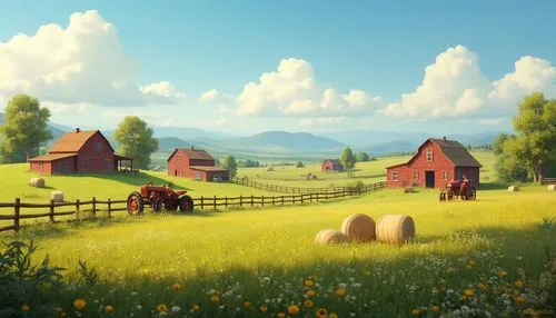 Farmland aesthetic, rustic atmosphere, warm sunny day, rolling hills, vast green fields, wildflowers blooming, wooden fences, old farmhouses, red brick barns, rusty farm tools, vintage tractors, hay b