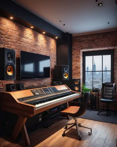 Modern recording studio, interior design plan, luxurious wooden acoustic panels, soundproof glass windows, professional audio equipment, mixing console, microphone stands, comfortable leather sofas, d