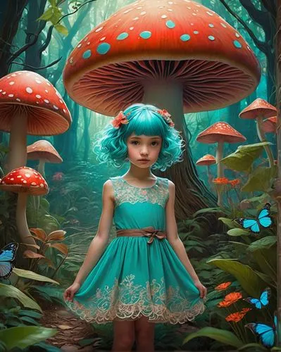 fairy forest,mushroom landscape,blue mushroom,mycena,fairy world,little girl fairy,forest mushroom,fairy village,fairy peacock,forest mushrooms,mushrooms,amanita,toadstools,muscaria,fairy house,mushroom hat,shrooms,3d fantasy,fantasy picture,wonderland,Conceptual Art,Fantasy,Fantasy 18