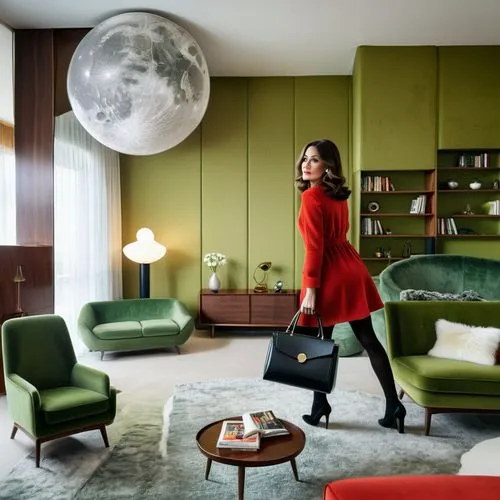 nterior design project, featuring elements of the '60s style and modernity, such as a bookcase with dark wood books, a light gray armchair, a green sofa, a fur rug on the floor, a golden moon ceiling 