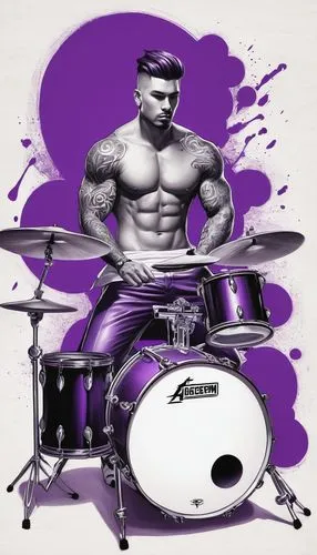 Create a guy, tattoo design, purple, black and white.  Playing drums.,wightman,drumming,drummer,drumkit,drumset,drum set,jonassaint,ulpiana,drummey,drummed,drum kit,purple,muscle icon,drum,alkan,drums