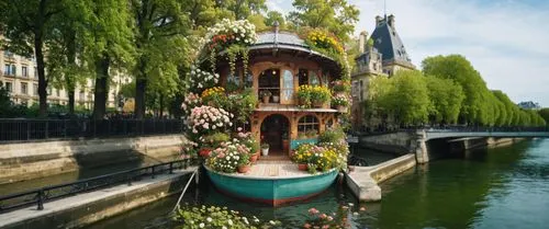 набережная в Париже,the house is being decorated with flowers on it's roof,houseboat,houseboats,stilt houses,river seine,grand canal,bateau