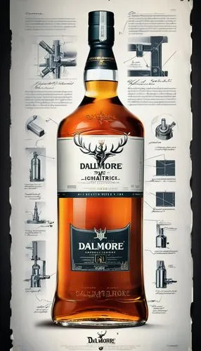 an industrial design sketch of a beautiful Dalmore 62 ancient whisky bottle, movie poster advertising (construction plan) modern style with some advertising notices,  frozen effect, movie poster  awar