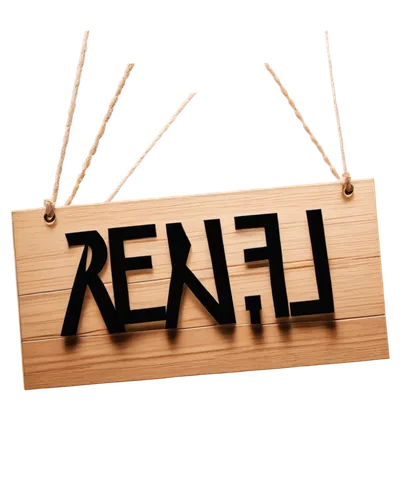 For Rent sign, wooden board, white background, bold black font, 3D effect, hanging from a rope, sunny day, shallow depth of field, warm color tone, cinematic lighting, street view, urban setting.,a si