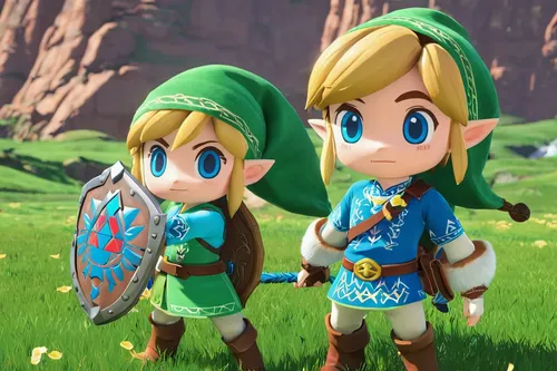 link,rupees,elves,link outreach,green and blue,kawaii children,grass family,elf,little boy and girl,monsoon banner,patrol,grass blades,game characters,blades of grass,easter banner,clover meadow,blue and green,party banner,elf hat,ocarina,Unique,3D,3D Character