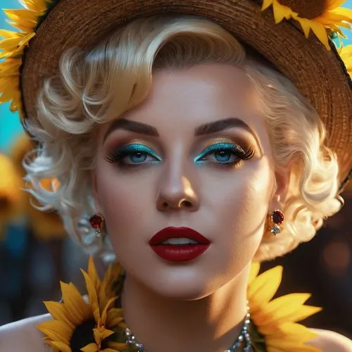 vintage makeup,yellow sun hat,vintage woman,retro woman,vintage girl,yellow petal,golden flowers,marylin monroe,marilyn,retro women,retro pin up girl,vintage women,sunflower,sunflowers,retro girl,beautiful bonnet,gold flower,marylyn monroe - female,helianthus sunbelievable,romantic portrait,Photography,General,Fantasy