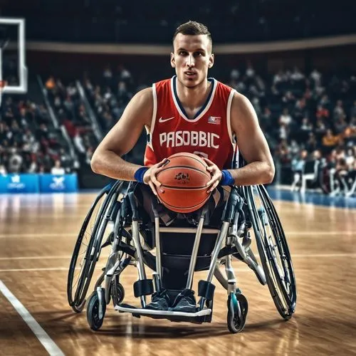 Paralympic athlete basketbol in a wheelchair,a man in a wheel chair holding a basketball,zipser,donatas,papathanasiou,parasport,koufos,krystkowiak,Photography,General,Realistic