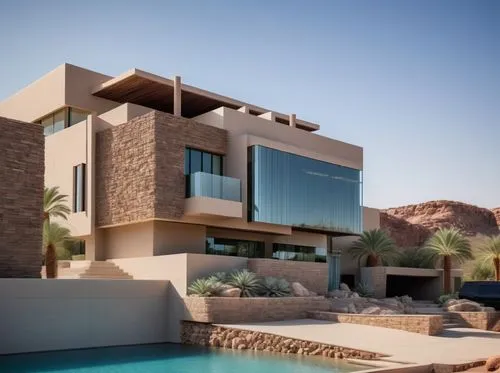 The ultra modern style house with sleek, modern shades sits peacefully on a rocky outcrop overlooking a lush desert landscape. Beyond the front steps, three towering palm trees sway in the gentle bree