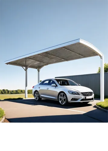 Metal carport, modern design, sleek lines, silver roof, white pillars, open structure, parked sedan, shiny wheels, morning sunlight, 3/4 composition, shallow depth of field, high contrast, cinematic l