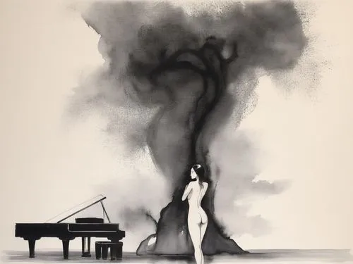 Passion Sexy Painting ,Naked Woman  Abstract Body Art Oil Painting,a woman standing in front of a piano,the piano,piano player,concerto for piano,silhouette art,jazz silhouettes,charcoal drawing,piani