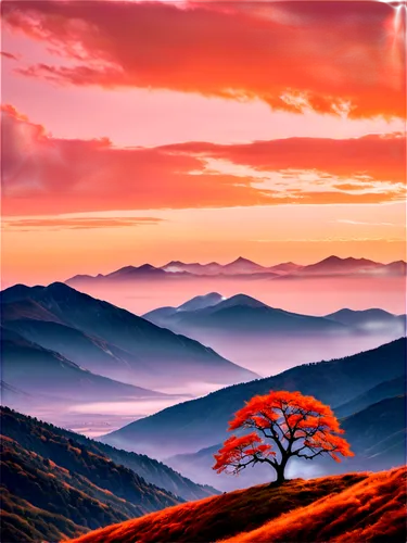 lone tree,isolated tree,landscape background,mountain landscape,purple landscape,mountain sunrise,splendid colors,nature landscape,beautiful landscape,nature background,landscape nature,landscape red,japan landscape,alpine landscape,nature wallpaper,colorful background,mountainous landscape,landscapes beautiful,red tree,japanese mountains,Illustration,Retro,Retro 08