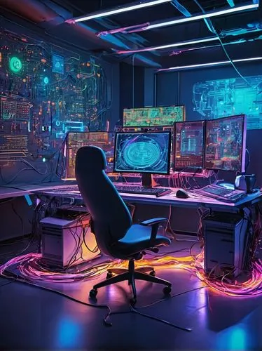 computer room,cyberpunk,game room,cybercafes,cyberscene,computer workstation,desk,computerworld,ufo interior,computerized,cybertown,computable,computerland,aesthetic,creative office,playing room,cyberia,working space,3d background,study room,Conceptual Art,Oil color,Oil Color 20