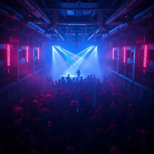 Vibrant nightclub interior, dark blue walls, flashing neon lights, pulsing LED strips, strobe effects, fog machines, misty atmosphere, DJ booth, turntables, loudspeakers, dance floor, metallic railing