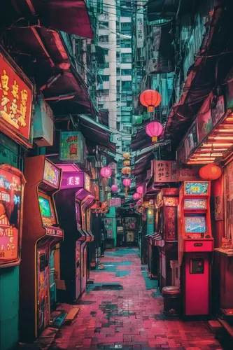 Alleyway In Hong Kong,kowloon,hong kong,colorful city,shanghai,kowloon city,cyberpunk,taipei,arcade games,tokyo city,hk,shinjuku,tokyo,arcade,arcades,osaka,chinatown,fantasy city,alley,bangkok,剣岳,Uniq