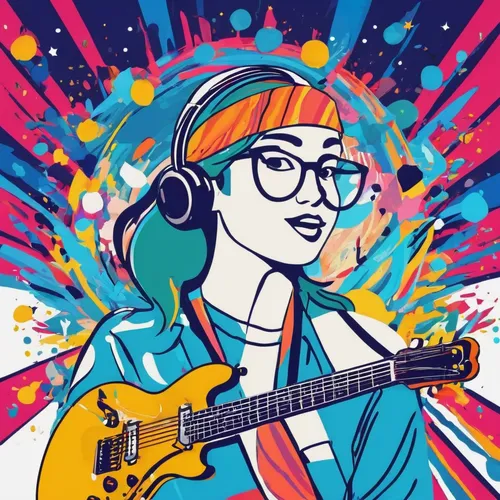 Create a joyful Bitmoji avatar for a summer music festival.,vector illustration,vector art,spotify icon,vector girl,vector graphic,retro girl,retro woman,wpap,lady rocks,retro music,pop art style,cool