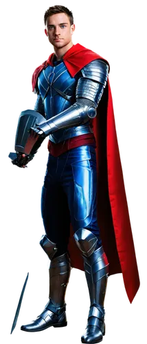 Awesome avatar, young adult, male, heroic pose, muscular arms, confident smile, short spiky hair, blue eyes, sharp jawline, metallic armor, silver gauntlets, red cape flowing behind, dramatic lighting