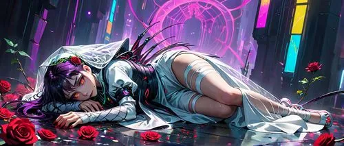 biomechanical, h r Giger, louis royo. webbing,
rainbow, colourful, woman with spider legs, web. white gown veil, laying down
blood roses, dew, drops, music, many legs and arms , pink, purple, blue, gr