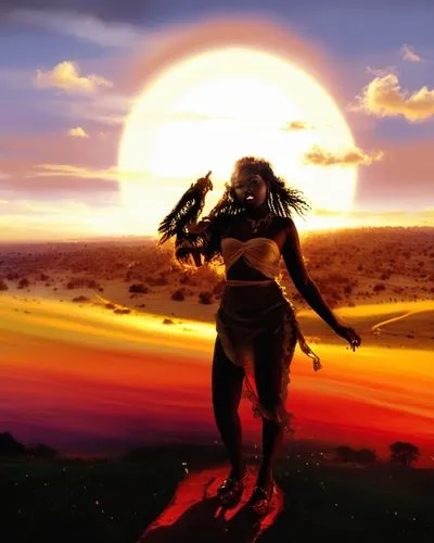 nude Beautiful nigerian girl, full dark curly hair, big dark almond eyes, full red lips, misty sky,a woman holding two birds standing on top of a hill,sundancer,sun god,dusk background,surtr,mahavatar