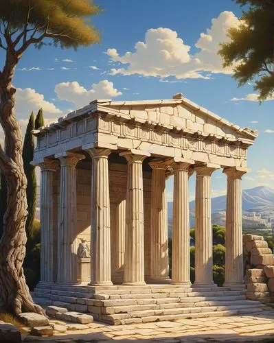 Ancient Greek temple, Doric columns, ornate marble capitals, fluted column bodies, pediment with sculptures, stone pavement, surrounded by olive trees, sunny day, warm light casting dramatic shadows, 