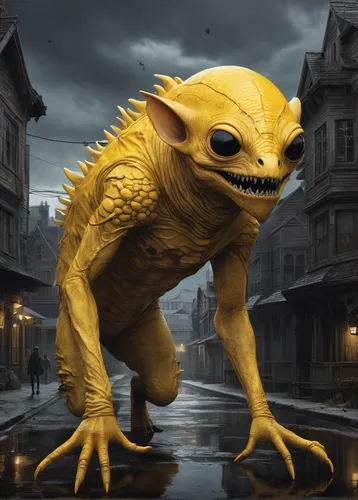 Compose a horror story about a yellow-skinned creature haunting a town.,abra,loukaniko,kobold,cullen skink,sphinx pinastri,cynorhodon,nuphar,gadsden,apiarium,korokke,rotglühender poker,saurian,it,drex