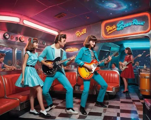 zutons,lachapelle,easybeats,retro diner,beatlesque,rock band,aquabats,harmonix,chromatics,danelectro,spaceland,framus,waxworks,galaxy express,superband,archies,troggs,beatle,cola bottles,cowsill,Illustration,Realistic Fantasy,Realistic Fantasy 27