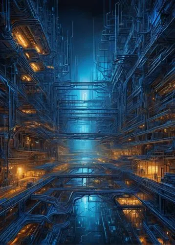 hvdc,fractal environment,neutrino,cyberia,conduits,cybernet,cern,refinery,cyberscene,metropolis,neutrinos,cybercity,cyberport,datacenter,modules,industrija,dystopian,industrial landscape,conduit,synth,Conceptual Art,Oil color,Oil Color 22