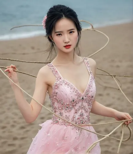 刘亦菲,a beautiful asian woman standing on a beach in a pink dress,zhiyuan,qiong,hanqiong,xiuqiong,yifei,jingyi,Photography,General,Realistic