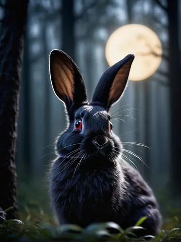 Black rabbit, solo, cute, (12yo), big round eyes, twitching nose, fluffy ears, standing, moonlight, forest, trees, mist, mysterious atmosphere, ambient light, cinematic composition, shallow depth of f