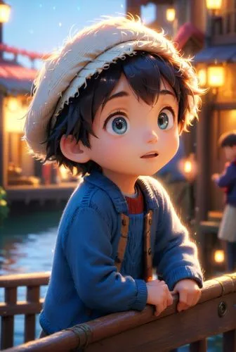 a fishermen boy,a boy standing on a balcony over looking the water,miguel of coco,tadashi,adrien,cute cartoon character,javier,gavroche,Anime,Anime,Cartoon