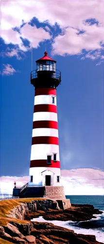 Point Judith Lighthouse, coastal scenery, majestic architecture, towering structure, white and red stripes, lantern room, spiral staircase, rugged coastline, waves crashing, sunny day, clear blue sky,