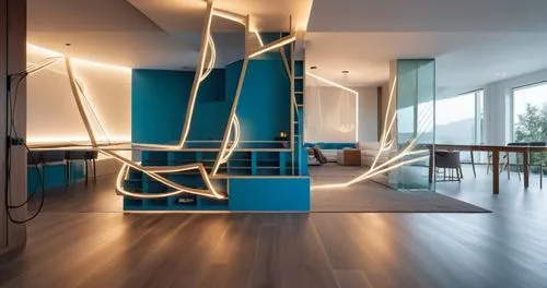 In a cozy living room, a modern living room with a high ceiling and minimalist finishes is infused with the essence of modernity. The walls are showcasing the geometric shapes of a ceiling, and the fl