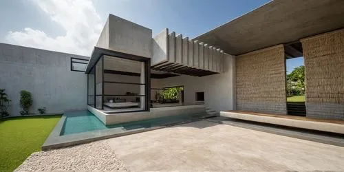 DISEÑO DE UNA PALAPA  ESTILO MINIMALISTA, CON PERGOLAS DE CONCRETO, ELEMENTOS PARA SOMBRE, LOSA DE CONCRETO CON CANAL DE ACERO, CANCELES DE ALUMINIO CON CRISTAL, MURO CASCADA CON ESPEJO DE AGUA,a mode