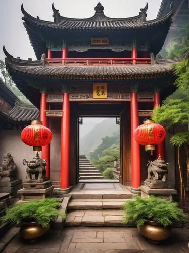 Ancient temple, intricate carvings, golden ornaments, red lanterns, Chinese traditional architecture, symmetrical composition, vibrant colors, misty atmosphere, morning sunlight, warm lighting, stone 