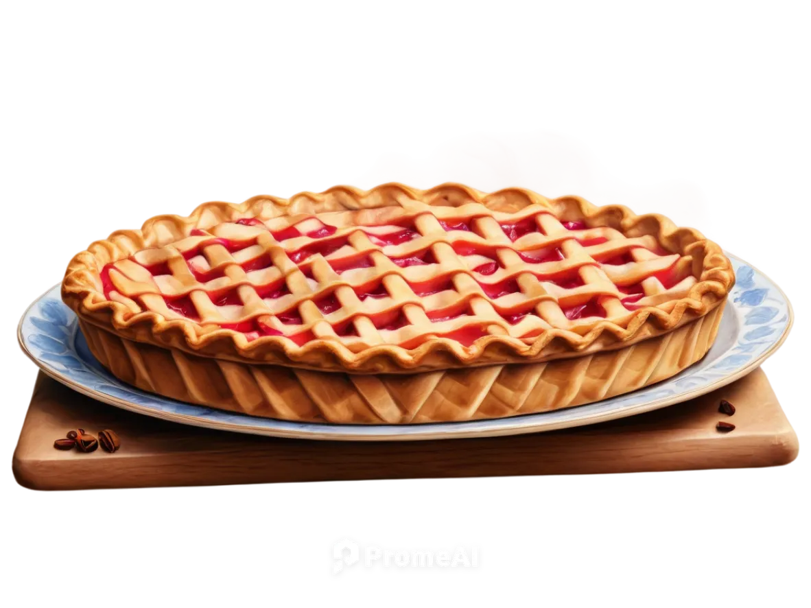 Golden apple pie, lattice crust, juicy red apples, cinnamon scent, steam rising, warm lighting, 3/4 composition, shallow depth of field, soft focus, delicious texture, sweet aroma, porcelain plate, ru