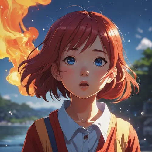 cinnamon girl,burning hair,flame spirit,fire and water,fire lily,fire pearl,fiery,fire background,fire eyes,fire angel,fire flower,flame of fire,fire siren,wildfire,fire cherry,fireflies,worried girl,nora,fire on sky,fire artist,Illustration,Japanese style,Japanese Style 10