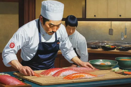 sashimi,nigiri,kaiseki,nabemono,japanese cuisine,fish-surgeon,sushi japan,raw fish,japanese art,korean royal court cuisine,oriental painting,fishmonger,sushi art,shirasu don,izakaya,japanese culture,fresh fish,horumonyaki,chef's uniform,teppanyaki,Illustration,Realistic Fantasy,Realistic Fantasy 08