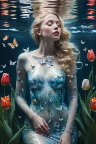 opalescent ghost woman with pale, skin, heart butterflies embracing water, reflections, Dokukawaii heather watts, james jean oil, human heart standing, tulips,water nymph,the blonde in the river,water