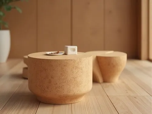 Cork material, eco-friendly, sustainable design, natural texture, earthy tone, organic shape, minimalist style, Scandinavian-inspired interior, modern furniture, coffee table, stool, decorative wall p