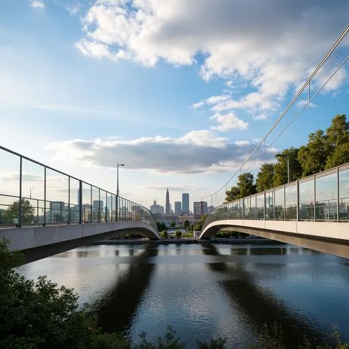 Sleek bridge design, cantilevered structures, transparent glass railings, minimalist columns, steel arches, suspension cables, waterfront scenery, serene river views, lush greenery, urban landscape, m