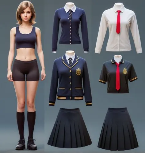 Paper doll British 16 year old schoolgirl in black sleeveless shirt ,black tight fit spandex shorts with black sock and black shoe standing surrounded by with a set of british school uniform, white dr