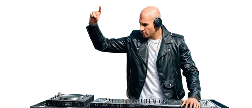 Elegant DJ, male, shiny bald head, gold chain necklace, black leather jacket, white shirt, silver watch, DJ headphones, mixing console, flashing stage lights, dynamic dance moves, low-angle shot, wide